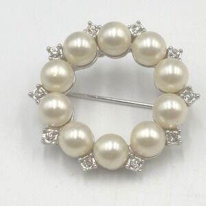 Marvella Faux Pearl Rhinestone Brooch Pin Wedding Bridal Jewelry Silver Tone